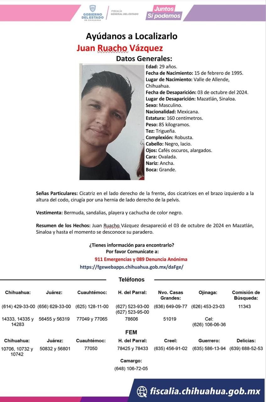 Solicitan apoyo para localizar a Juan Ruacho Vázquez, desaparecido en Mazatlán